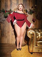 Kvinnelig julenisse, kostymeundertøysbody, fløyel, blondekant, lange ermer, maraboukant
